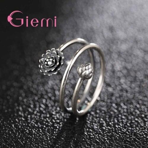 Elegant Blossom Flower Finger Rings Two Row Hollow Band for Women Female Engagement Jewelry Silver Color Shiny Gifts