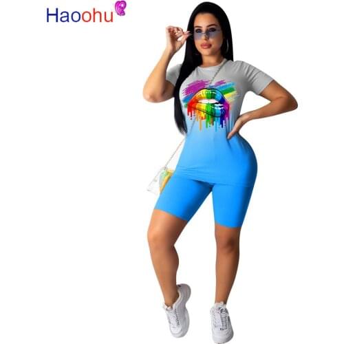 HAOOHU Sport Women Gradient Lips Two Piece Set O-neck Tee Tops Shorts Jogger Sweatpants Suit Tracksuit Matching Set Outfit