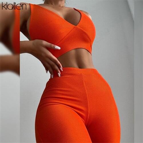 KLALIEN Women Fashion Casual Slim Stretch Solid Rib Knit V Neck Tank Top and Trousers 2 Piece Set 2021 New Summer Matching Set