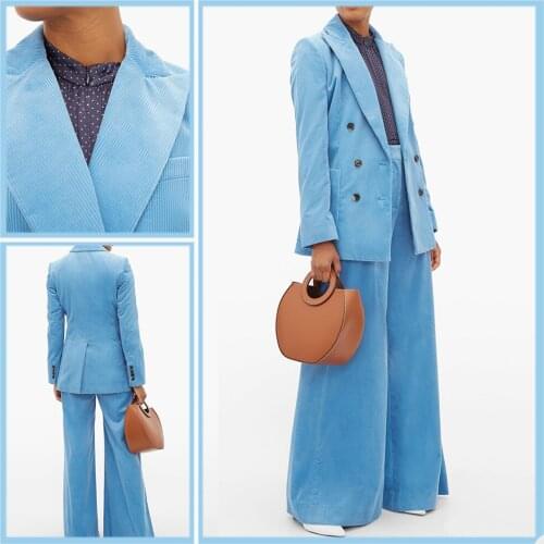 Classic Corduroy Women Suits 2 Pieces Peaked Lapel Double Breasted Blazer Custom Made Wide Leg Pants Daily Casual Jacket
