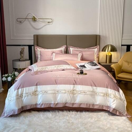 New Luxury Embroidery Bedding Set Satin Silk Cotton Duvet Cover Set Quilt Cover Bed Comforter Set Fitted Sheet Pillowcases 4Pcs