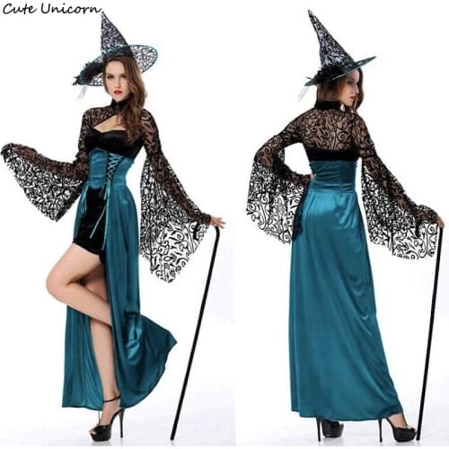 Magic Witch Halloween Costumes for women Dress+Hat carnival Cosplay Costume Princess Party Dresses girls sexy outfit