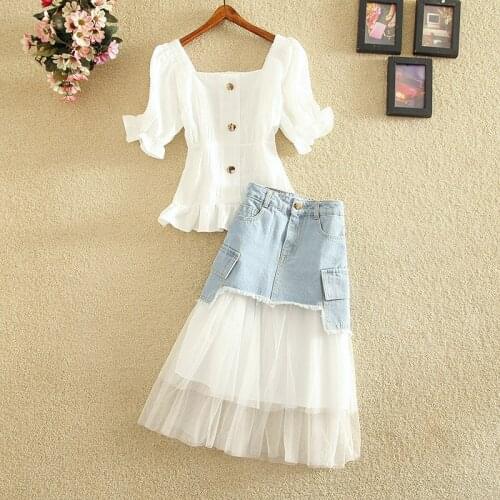 Fashion Women Skirts Suits Summer New Design 2021 White Chiffon Blouse And Denim Knee-Length Skirts Lady Elegant Sets