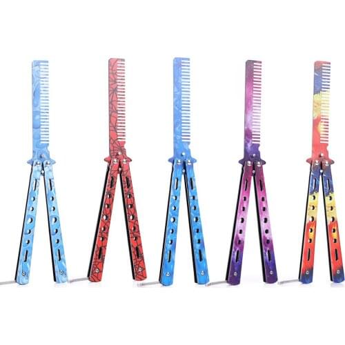 New 1Pc Foldable Comb Stainless Steel 3D Color Titanium Comb Practice Training Butterfly Knife Comb Beard Brushes Hairdressing