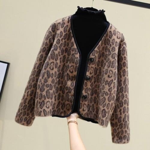Autumn Womens Leopard Knit Cardigan Short Loose Slimming Long-Sleeved Sweater Coat Fashion Women Sweater 2020