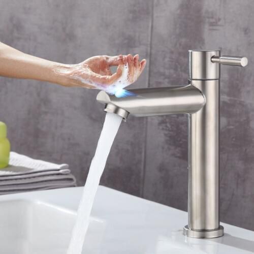 Touch Basin Faucet Senducs SUS304 Stainless Steel Bathroom Basin Mixer Tap Single Cold Basin Sink Faucet Touch Bathroom Faucets