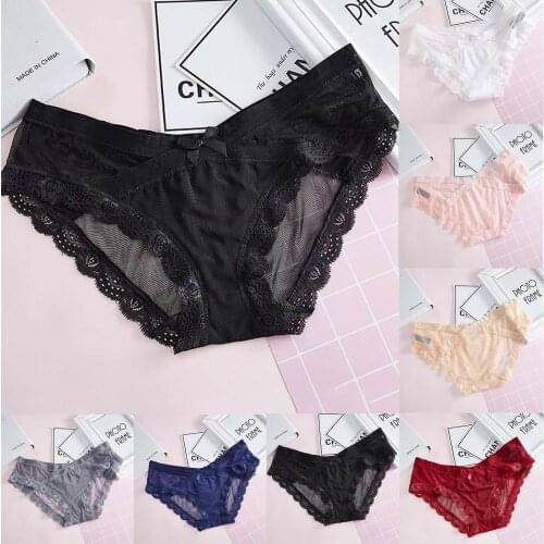 Sexy Cotton Panties Women Transparent Mesh Briefs Floral Lace Trim Bowknot Underpants Breathable Underwear Girls Low-Rise Panty