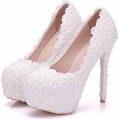 Women pumps wedding Party banquet Lace PU Rhinestones Slip On 14CM Thin High Heels Round Toe high heels women shoes size 35-42