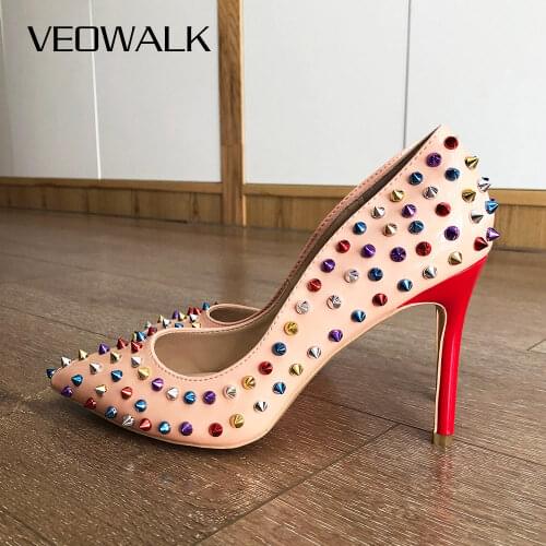 Veowalk Multi-Colors Spikes Women Pointed Toe High Heels Sexy Ladies Party Stilettos Pumps Slip On Ultra High Heel Shoes