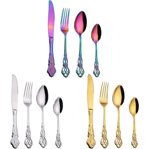 Vintage Western Gold Plated Cutlery Dining Knives Forks Teaspoons Set Golden Luxury Dinnerware Engraving Tableware