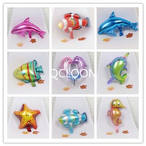 10/15Pcs Mini Sea Animal Aluminum Balloon Theme Party Hippocampal Octopus Dolphins Shark Whale Lobster Starfish Party Decoration