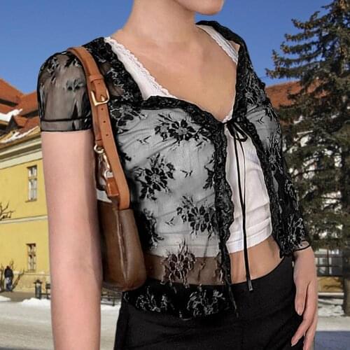 Brown Vintage Y2K Lace Blouse Short Sleeve See Through Sexy Mesh Woman Shirt V Neck Lace Up Floral Lovely Leisure Clothes