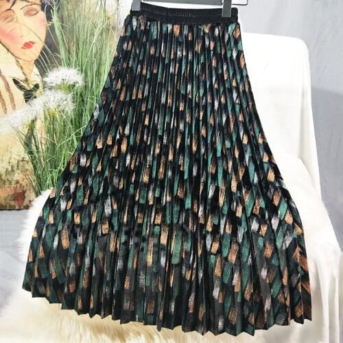 2020 Autumn Woman Skirts Vintage Graffiti Printed Velvet Pleated Skirt Pleated Elastic Waist Womens Long Skirts Femme Jupes