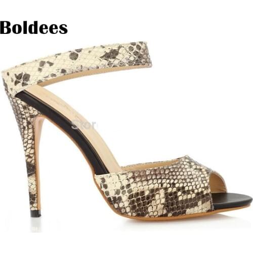 2018 High Heels Sandals Snakeskin Pattern Women Thin Heeled Shoes WomenS Buckle Open Toe Fashion Party Footwear