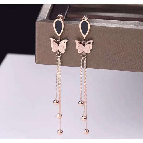 Tassel Earrings Luxury Brand Titanium Steel Butterfly Long Drop Earrings Cute Charm Gold Big Earrings for Women 2020 Statement