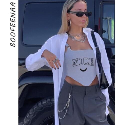 BOOFEENAA Letter Print Gray Sporty Corset Top Y2k Cozy Chic Womens Streetwear Cami Crop Tank Top Shirt Female Clothes C98-AH13