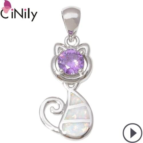 CiNily Blue White Opal Cute Cat Shape Pendant Necklace For Women Gift Girls Gift Colgantes mujer moda colgantes 1 1/4''OD6978-79