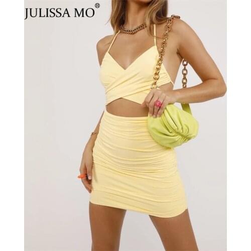 JULISSA MO Backless Slim Hollow Halter Mini Dresses Women New Casual Sleeveless Pleated Skirt Female Sexy Party Wear Vestidos