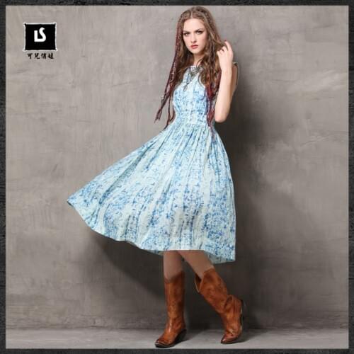 New 2018 summer style boho Women 's ethnic vintage dress big hems slim fit waist slash neck tank dresses two pieces pure cotton