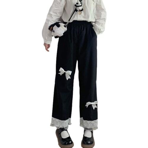 Winter Kawaii Lace Corduroy Pants Girls Pink Baggy Lolita Cute Bow Vintage Blue Autumn High Waist Black Casual Wide Leg Trousers