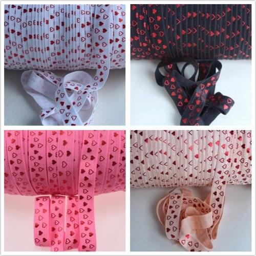 5 colors 5/8 inch Valentine foe red Foil heart printed fold over elastic for hair accessory