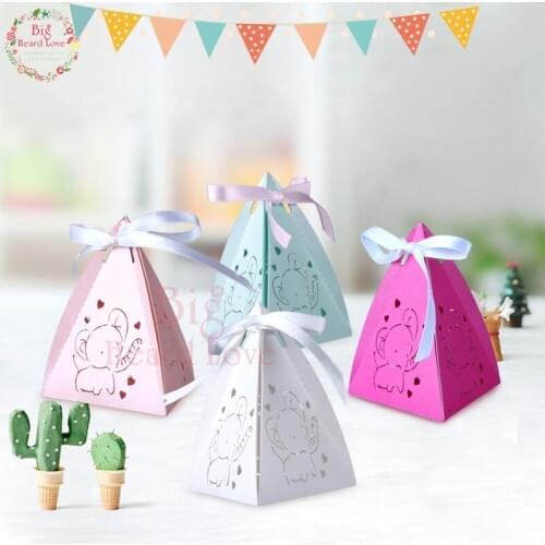 50pcs/lot Laser Cut Cute Cartoon Elephant Candy Box with Ribbon Baby Shower Party Chocolate Box Kid Birthday Party Decoration
