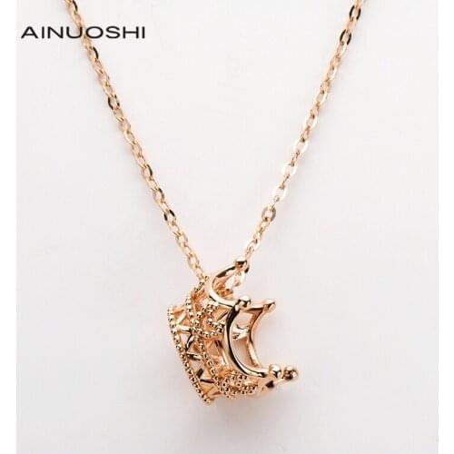 AINUOSHI 18K Rose Gold O-chian Crown Rock Street Vintage Pendant Necklace For Women Anniversary Trendy Jewelry Gift 18