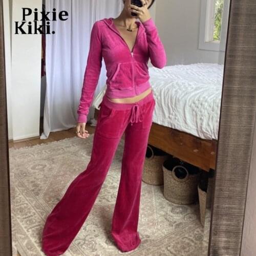 PixieKiki Y2k Velvet Tracksuit Two Piece Set Women Pink Green Cropped Jacket Sweat Pants and Hoodie Set for Woman P77-HC87