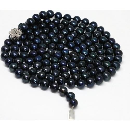 Romantic black cultured freshwater pearl 8-9mm natural round beads classic trendy long chain necklace jewelry 50inch B1474