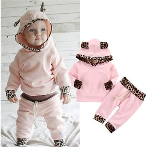 0-24M Baby Girls Clothes Set Long Sleeve Hoodies Sweatshirt Girls Tops Set Pink Leopard Patchwork Long Pants Set Girls Outfits