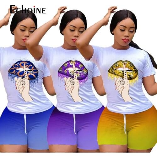 Echoine Women Gradient Lips print Two Pieces Sets Tracksuits T-shirt Shorts Jogger Sweatpants Suit Fitness Outfits Matching Set