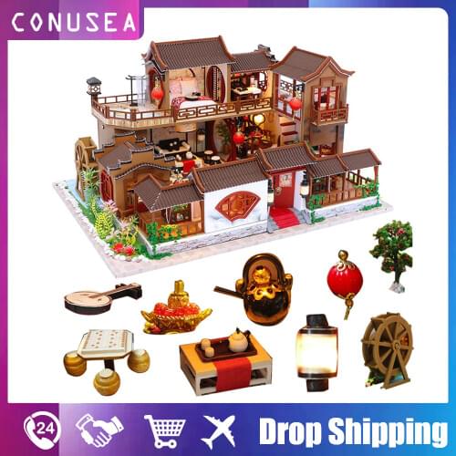 Miniature Doll House Furniture kitchen DIY Dollhouse Assemble Wooden constructor House Chinese style building kits for Child Kid