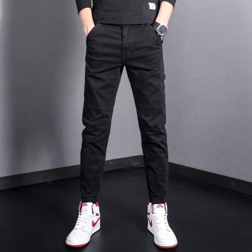 Korean Style Fashion Men Jeans Spliced Designer Casual Cargo Pants Streetwear Hip Hoop Joggers Men Overalls Ankle Banded Pants