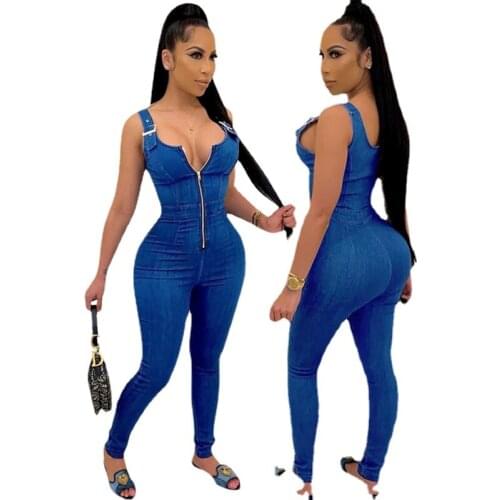 Fashion Sleeveless Pencil Jumpsuit Women Skinny Zipper Up Denim Rompers Jeans Pants Bodycon Active One Piece Overalls Plus Size