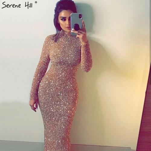 Muslim Wine Red Beading Luxury Evening Dresses 2020 Latest Design Mermaid Long Sleeves Formal Dress LA60851