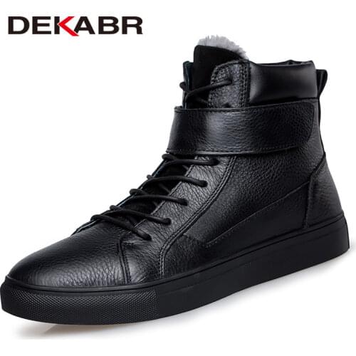DEKABR Brand Men Winter Plush Warm Genuine Leather Snow Boots Men Hook Loop Ankle Sneakers Autumn Black Shoes Plus Size 36~48