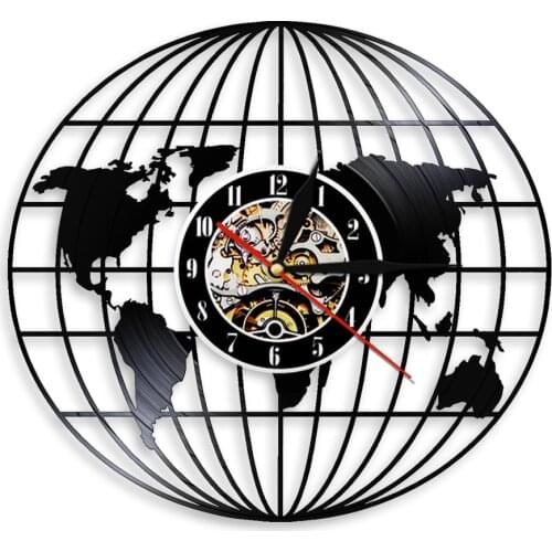 World Earth Map Wall Clock 3D Globe Map of Earth Mounted Vinyl Record Wall Clock with Illuminated LED Night Light Home Decor