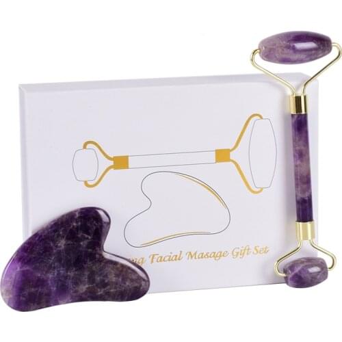 Natural Amethyst Roller Facial Massager Jade Face Massage Roller Gouache Scraper Guasha Stone Scraping Crystal Jade Roller Set