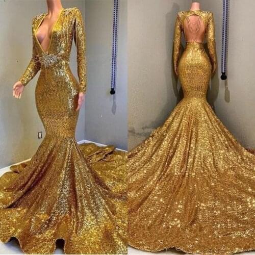 2020 Gold Sequins Prom Dresses New V Neck Long Sleeves Mermaid Party Pageant Gowns Women Occasion Evening Wears robe de soriee