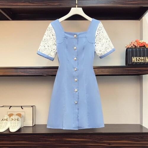 Plus Size 4XL Casual Square Collar A-line Lace Spliced Short Sleeve Party Mini Dress 2021 Summer Dresses New Womens Clothing
