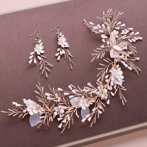 Gold Crystal Headbands Earrings Set Handmade Flower Hairband With Clip Earring Butterfly Women Bridal Wedding Hair Accessories