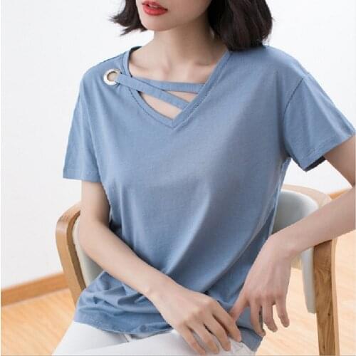 Straps V-neck short-sleeved aesthetic t-shirt women social shirt Korean summer loose thin half-sleeved gothic t-shirt oversized