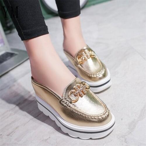 Summer PU Chain Thick Soles Slippers Women Shoes Women Flat Platform Shoes Height Increasing Shoes Fashion Casual Shoes lazy