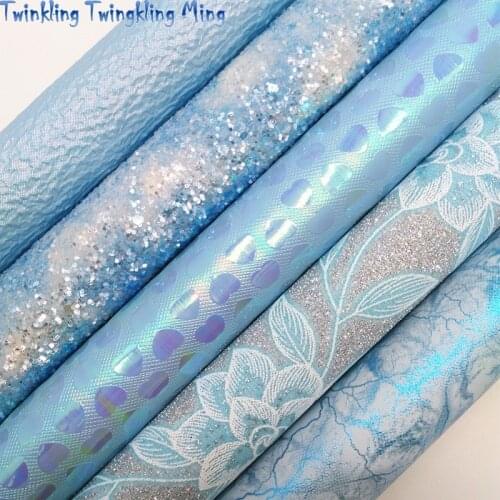 Blue Chunky Glitter leather, Hearts Embossed Synthetic Leather, Metallic Faux Leather For Bow A4 21x29CM Twinkling Ming KM292
