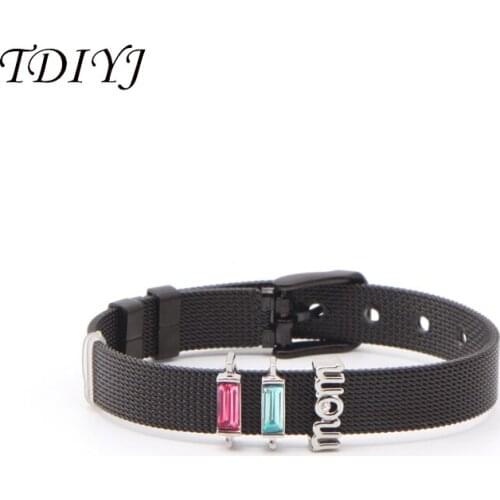 TDIYJ Birthstone Mom Slide Charms Stainless Steel Keeper Charm Mesh Black Bracelet Set 1Set