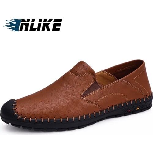 INLIKE Brand High Quality Handmade Spring Soft Mens Natural Leather Shoes Casual Slip On Driving Loafers Stitching Shoes