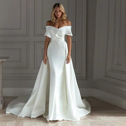 YIWUMENSA Satin Mermaid Wedding Dress With Detachable Train Short Sleeves Off The Shoulder Trumpt Bridal Gown Plus Size 2021