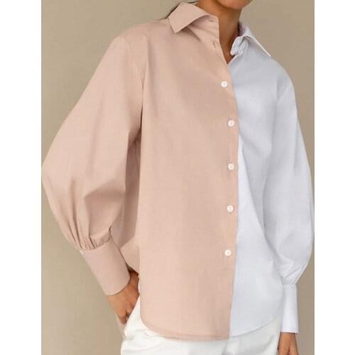 Color-blocking Long-sleeved Blouse Womens 2021 New Commuter Simple Solid Color Wild Niche Design Lapel Temperament Shirt Top