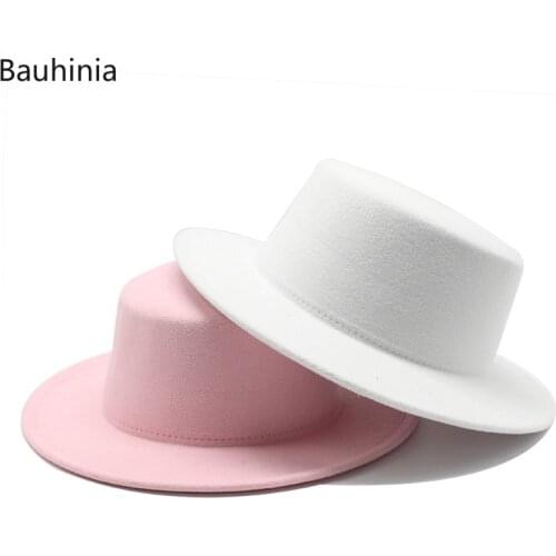 Bauhinia Fashion Imitation Woolen Boater Flat Top Hats For Women Men Felt Wide Brim Fedora Hat Lady Green/Pink Panama Jazz Cap