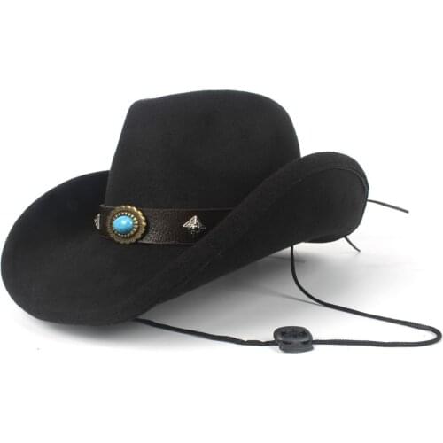 Breezer Hat Women Men Wool Hollow Western Cowboy Hat Roll-up Brim Gentleman Outblack Sombrero Hombre Jazz Cap Wind Rope